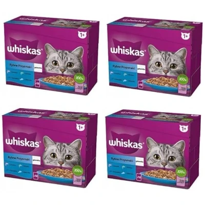 Abbildung von Whiskas Adult 1+ Katzennassfutter Fisch Auswahl in Gelee, 4x12x85g (48 Portionsbeuteln) Hochwertiges Nassfutter für ausgewachsene Katzen