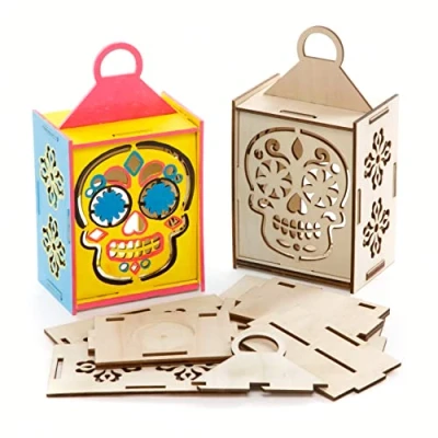 Abbildung von Baker Ross FE732 Holzlaterne „Tag der Toten&quot;, 3 Stück, Halloween Holz Bastelset für Kinder, Kunst und Handwerk Aktivitäten zum Ausmalen, Dekorieren Präsentieren