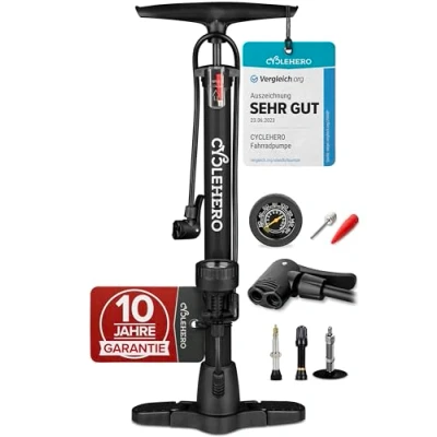 Abbildung von Fahrradpumpe alle Ventile * Test SEHR GUT 10 Jahre GARANTIE Leistungsstarke Luftpumpe Fahrrad Französisches Ventil Standpumpe mit Manometer Pumpe Standluftpumpe