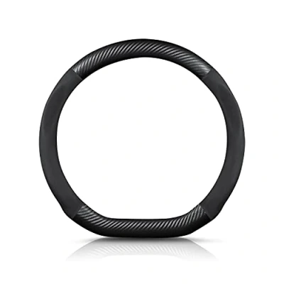 Abbildung von Ergocar D förmiges Kohlefaser und Mikrofaser PU Leder Lenkradbezug Anti Rutsch Atmungsaktiv lenkradhülle Schweißabsorbierend Sport Für Durchmesser 38cm（15&quot;） Schwarz