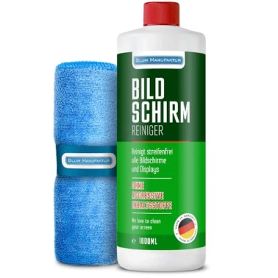 Abbildung von Blum Manufaktur 1000 ml Bildschirmreiniger + 30x30 cm Mikrofasertuch Supersoft 365GSM Screen Cleaner Display Reiniger