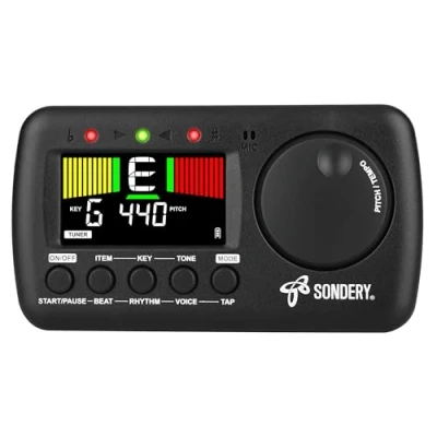 Abbildung von Sondery Metronom Stimmgerät wiederaufladbar für Gitarre, Bass, Ukulele und Blasinstrumente, englisches Vocal Counting mit Tap Tempo, Tongenerator, Typ C Ladekabel Piezo Tonabnehmerkabel