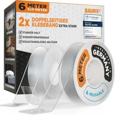 Abbildung von BAURIX® Nano Tape Doppelseitig [2X3m] I Doppelseitiges Klebeband Extra Stark Waschbares Alien Silikon Transparent