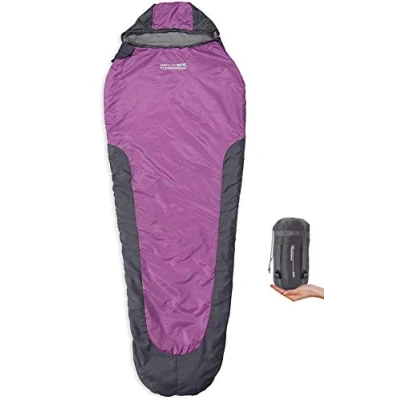 Abbildung von Where Tomorrow Schlafsack Small and Light 220 x 80 50 cm inkl. Packsack kleines Packmaß 26 14 gepackt 700g Ultraleicht für Outdoor, Backpacking Grau/Lila