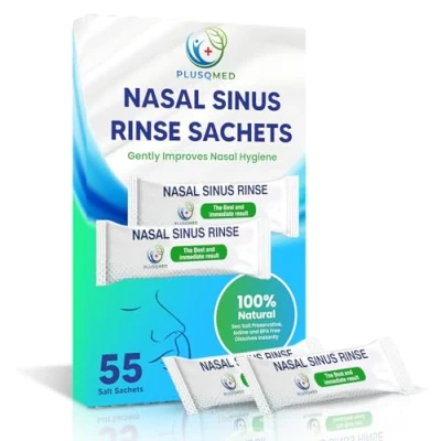 Abbildung von PLUSQMED Box mit 55 Stück Nasenspülsalz, 2,7 g Pakets, Neti Topfsalz, Nasenbewässerungssalz, Nasenhautentlastung, Nasenwäsche,passend für 240 300 ml Flaschen