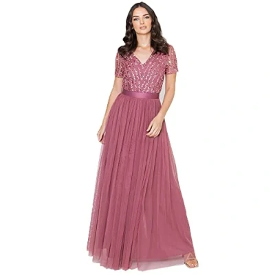 Abbildung von Maya Deluxe Damen Maxi Dress for Women Ladies Bridesmaid V neck Plus Size Ball Gown Short Sleeves Long Ele Brautjungfernkleid, Desert Rose, 34 EU