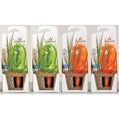 Abbildung von Scheurich Wasserspender Bördy S 4er Set Grün/Orange 90 ml Füllmenge Bewässerungskugel klein mit Ton Fuß Pflanzen und Blumen Terrakotta Stiel