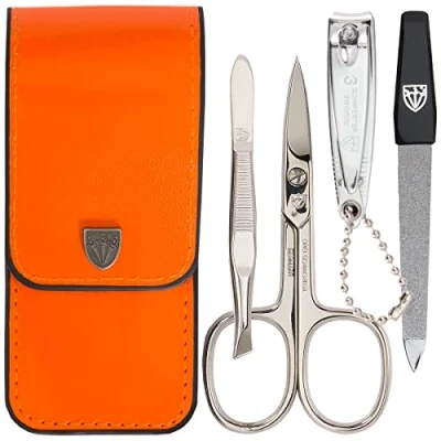 Abbildung von DREI SCHWERTER 4 tlg. Nagelpflegeset &#039;Capri&#039; Hochwertiges Nageletui für Maniküre und Pediküre. Farbe: Kunstleder Orange Inhalt: Nagelschere, Nagelknipser, Pinzette, Saphirnagelfeile