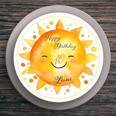 Abbildung von Tortenaufleger Geburtstag Sonne #1 Name &amp; Zahl (20cm) Fondant Papier