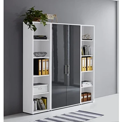 Abbildung von Schrankwand Office Edition abschliessbarer Aktenschrank Büroschrank Büromöbel Regal in Weiß/Anthrazit Hochglanz (Set 3)