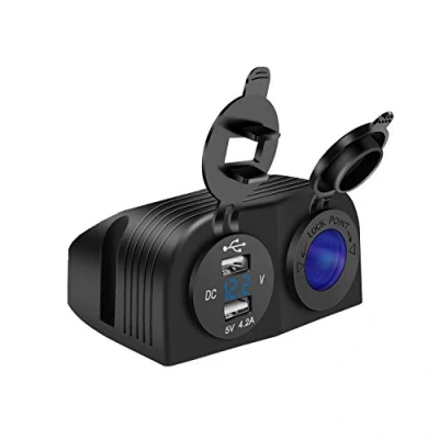 Abbildung von Hoembpn 4.2A Dual USB Auto Ladegerät Steckdose + 12V/24V Zigarettenanzünder Buchse Wasserdichte Zweiloch Zelt Panel mit LED Voltmeter für Motorrad Marine ATV LKW