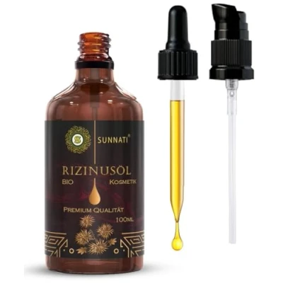 Abbildung von Sunnati® Bio Rizinusöl Kaltgepresst 100% Rein Organic Castor Oil for Hair Growth 100ml Rizinus Öl für Wimpern, Augenbrauen, Haare, Bart, Nägel, Haarwachstum Glasflasche mit Pipette &amp; Pumpe