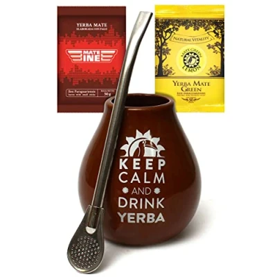 Abbildung von Yerba Mate Tee Set ● Keramik Tasse Braun 2x50g Bombilla Trinkhalm Liza 19cm Becher mit Frucht