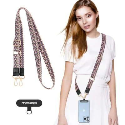 Abbildung von MoKo Universal Handy Lanyard, geflochtene Handykette, Umhängeband, Diebstahlschutz, abnehmbares Damen Lanyard um den Hals mit Patches für iPhone, die meisten Smartphones Violett