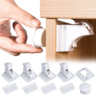 Abbildung von Baby Schubladensicherung Magnetischer Kindersicherung Schrank Babysicherheit Schrankschloss 4 Schlösser und 1 Schlüssel Selbstklebend unsichtbare Sicherung für Schubladen