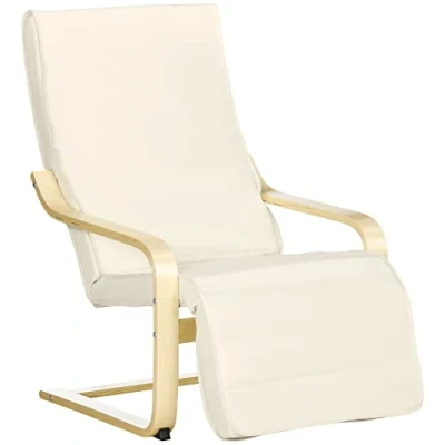 Abbildung von HOMCOM Relaxsessel Schwingstuhl, Ruhesessel, Relaxstuhl mit Verstellbarem Fußteil, Esszimmerstuhl Leinenoptik für Wohnzimmer, Birkenholz, Cremeweiß 66,5 x 94 100cm