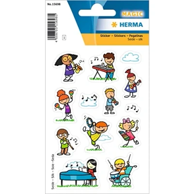 Abbildung von HERMA 15698 Aufkleber Musik klein, 13 Stück, Musiknoten Sticker aus Seide Stoff mit Musiker Rock Band Motiv, Kinder Etiketten für Fotoalbum Tagebuch Poesiealbum Scrapbooking Geburtstag Deko Briefe DIY