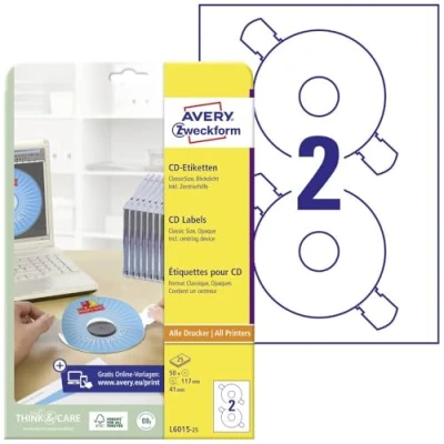 Abbildung von AVERY Zweckform L6015 25 selbstklebende CD Etiketten inkl. Zentrierhilfe (50 blickdichte Aufkleber, Ø 117mm auf A4, ClassicSize, bedruckbare Klebeetiketten für alle A4 Drucker) Blatt, weiß