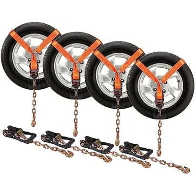 Abbildung von VEVOR Unterlegkeil Spanngurt Set, 5,08 x 243,84 cm Spanngurte Autotransport, 4 teiliges Anhänger Spannsystem 2660 kg Arbeitskapazität, ATVs, UTVs, Anhänger, und Zubehör Orange