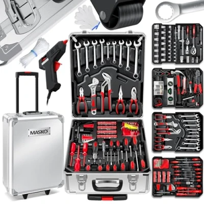 Abbildung von MASKO® Werkzeugkoffer 1299 teilig gefüllt Werkzeugset im Aluminiumkoffer Werkzeugkasten mit Rollen Werkzeugkiste Haushalt, Haus, Hobby, KFZ Trolley Funktion Profi Werkzeugwagen Handwerkzeug