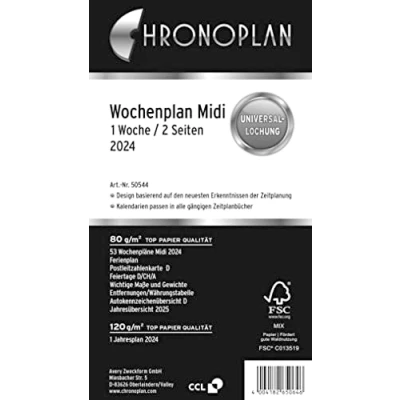 Abbildung von Chronoplan 50544 Kalendereinlage 2024 (Wochenplan Midi (96x172mm) Ersatzkalendarium für Terminplaner, ideal detaillierte Wochenplanung, 1 Woche auf 2 Seiten in Spalten, mit Universallochung) weiß