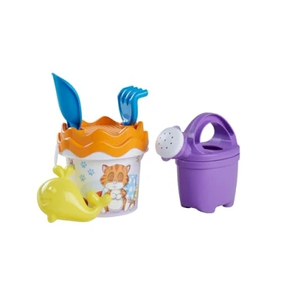 Abbildung von Katze Baby Eimergarnitur, 6 Teile, Eimer, Sieb, Sandform, Schaufel, Rechen, Gießer, H:11cm, D:14cm