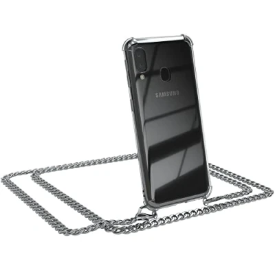 Abbildung von EAZY CASE Handykette kompatibel mit Samsung Galaxy A20e Handyhülle Metal Umhängeband und Ersatz Kordel schwarz, Handykordel Schutzhülle, Stylische Kette, Silber