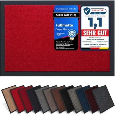 Abbildung von Carpet Diem Fußmatte, einfach sauber I Schmutzfangmatte Eingangsbereich Fussmatte Innen &amp; Außen, rutschfeste Türmatte, Schmutzfang Teppich für Haustür Fußabtreter in Rot 90x150 cm