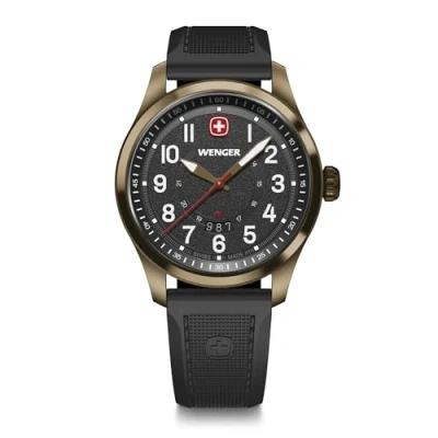 Abbildung von WENGER Herren Armbanduhr Terragraph, Ø 43 mm, Swiss Made, Analog Quarz, Wasserdicht bis 100 m, Silikon Armband, Schwarz/Bronze, 01.0541.125