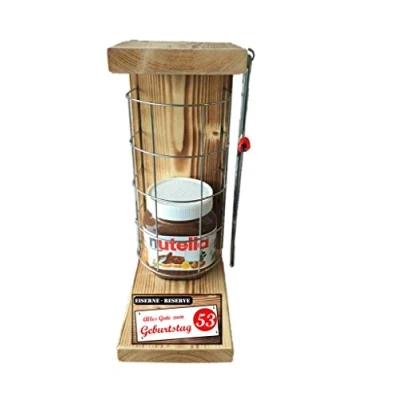 Abbildung von Geburtstag Geschenk Nutella 450g Glas 53 Eiserne Reserve Gitter incl. Säge Geschenke Set zum 53. Text rot: Alles Gute