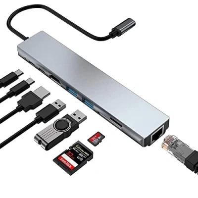 Abbildung von Tradebit USB C Hub I Adapter 8 in 1 LAN RJ 45 HDMI 4K Micro SD Card Reader 2X 3.0 Power Delivery PD 87W Kompatibel mit Laptop und PC