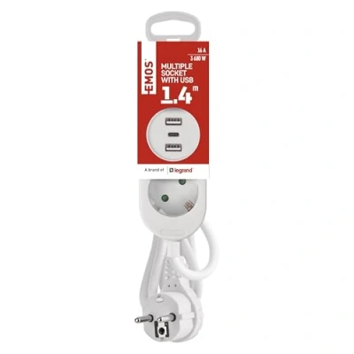 Abbildung von EMOS Mehrfachsteckdose mit 3 USB Anschlüssen, Kabellänge 1,4 m Steckdosenleiste 2 Fach Laden Steckerleiste Wandmontage tauglich 2x Steckdose, 1x C, A IP20 für Innen weiß