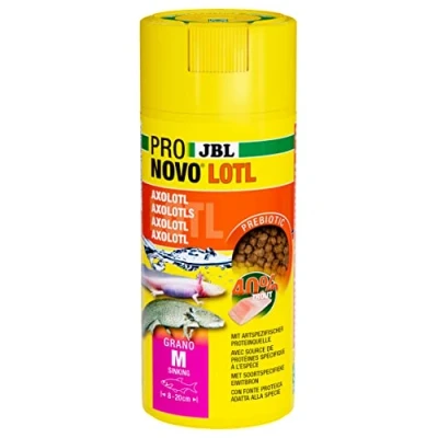 Abbildung von JBL PRONOVO LOTL GRANO, Hauptfutter für Axolotl von 8 20 cm, Fischfutter Granulat, Größe M, 250 ml