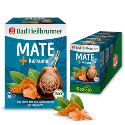 Abbildung von Bad Heilbrunner Kurkuma + Mate Tee im Filterbeutel &amp; klassischer aus Südamerika mit harmonisches Geschmakserlebnis (5 x 15 Filterbeutel)