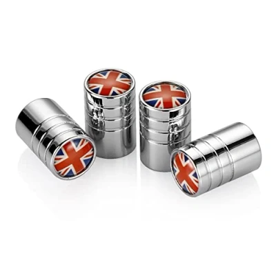 Abbildung von 4pcs Reifen Rad Luftventilkappen Set Abdeckung Aufkleber für Mini Cooper F54 F55 F56 F57 F60 R55 R56 R58 R59 R60 R61 Hardtop Clubman Schrägheck verdeckter Roadster Countryman (Chrom, Union Jack Rot)