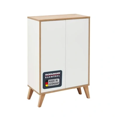 Abbildung von FACKELMANN Finn Midischrank (60 x 75 30,5 cm) inklusive Holzfüße Badezimmerkommode mit 2 Einlegeböden aus Glas Badschrank stehend Türen Holz in Weiß und Eichenoptik
