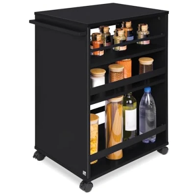Abbildung von bomoe Nischenwagen Servierwagen auf Rollen mit 3 verstellbaren Ebenen &amp; FSC® Holz Küchenwagen Arbeitsplatte freistehender Universal Rollwagen Küche Bad Büro 50x38x79 cm Schwarz Bengt