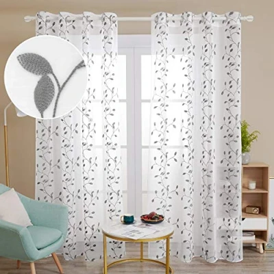 Abbildung von Deconovo Gardinen Stores Schlafzimmer Deko Vorhang Leinenoptik mit Ösen Wohnzimmer Transparent Dekoschal Stickerei Blatt, 180x140 cm(HöhexBreite), Grau, 2er Set