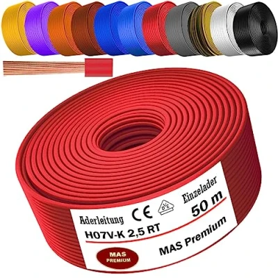 Abbildung von MAS Premium Aderleitung H07 V K 1x2,5 mm² HBL GRGE RT DBL BR OR GR WS VIO oder GE Einzelader flexibel Von 5 bis 100m (Rot, 50m)