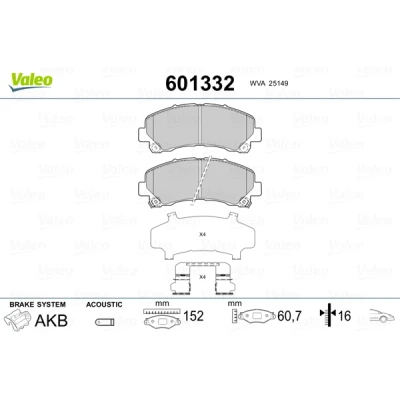 Abbildung von VALEO 601332 Bremsbelagsatz Vorderachse inkl. Verschleißwarnkontakt mit Anti Quietsch Blech Gleitschienen ISUZU: D Max II Pickup, 1 Pickup