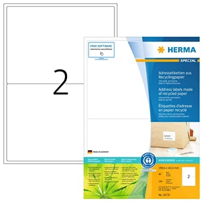 Abbildung von HERMA 10735 Recycling Etiketten, 80 Blatt, 199,6 x 143,5 mm, 2 pro A4 Bogen, 160 Stück, selbstklebend, bedruckbar, matt, blanko Papier Klebeetiketten Aufkleber, natur weiß