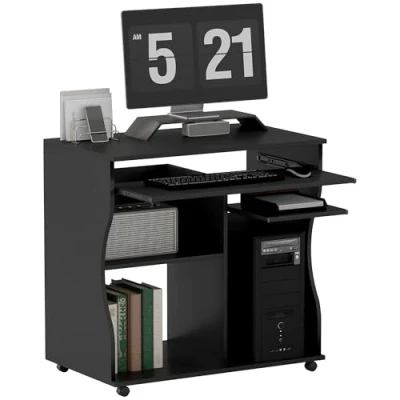 Abbildung von HOMCOM Computertisch Schreibtisch mit Rollen Bürotisch Tastaturablage, Ablage, PC Tisch Schwarz 80 x 48 75 cm
