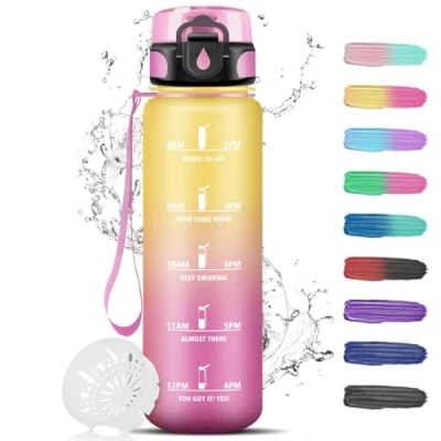Abbildung von 1 Liter Trinkflasche, Trinkflasche Sport mit Filter, Wasserflasche für Erwachsene, Uhrzeit, Leicht zu Reinigen, Motivational Wasserflasche, Wandern, Gym, Schule, Camping, Outdoor