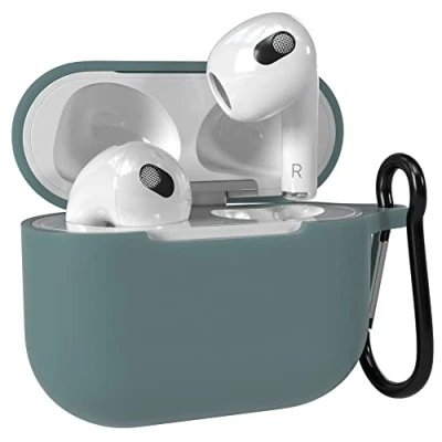 Abbildung von EAZY Case Schutzhülle für AirPods 3 Hülle Grün Silikon Stoßfest mit Karabiner geeignet als Schlüsselanhänger Antikratz Etui rutschfeste Silikonhülle Airpod 3. Generation in Dunkel
