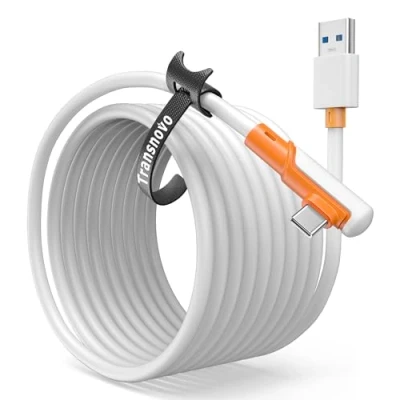 Abbildung von TRANSNOVO Link Kabel 5M/16FT kompatibel mit Oculus/Meta Quest 3/Quest 2/Pro/Pico 4. Langes VR Kabelzubehör für PC/Steam Spiele, USB 3.2 A zu Typ C Hochgeschwindigkeits Datenübertragungskabel, Weiß