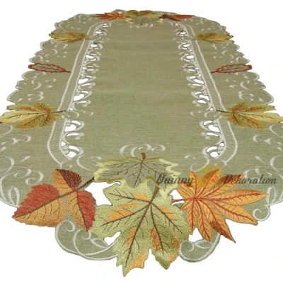 Abbildung von Herbst Blätter Tischläufer Tischdecke Mitteldecke Kissenhülle Leinen Optik Grün Beige Größe wählbar (ca. 45 x 110 cm Oval)