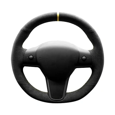 Abbildung von Alfanxi Alcantara Lenkradhülle für Tesla Model 3/Tesla Y (schwarzes mit Punkten und gelben Streifen)