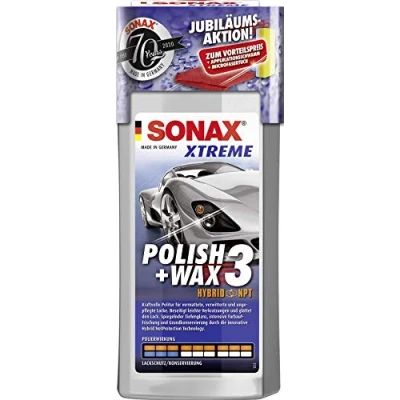 Abbildung von SONAX XTREME Polish+Wax 3 AktionsSet 70 Jahre (500 ml) zum Abtragen verwitterter Lackschichten und Auffrischen matter Farben inkl. gratis Applikationsschwamm Mikrofasertuch Art Nr. 02028410