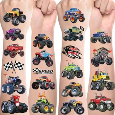 Abbildung von Monster Truck Tattoos für Kinder,10 Blätter Monstertruck Kindertattoos Hautfreundlich Set Temporäre zum Aufkleben,Mitgebsel Kindergeburtstag Geschenke Party Deko Spielzeug Jungen
