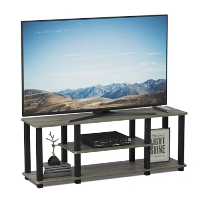 Abbildung von Furinno Mehrzweck TV Regal mit 4 Ebenen, Französische Eiche Grau/Schwarz, 29.49 x 119.9 68.4 cm